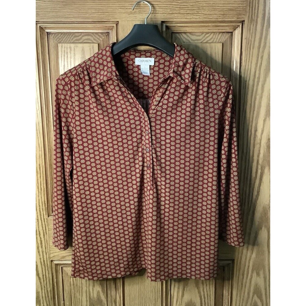 Carmen Marc Valvo Blouse Women Large Red Yellow Floral All Over Print Long Sleev